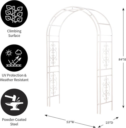 Evergreen Plow & Hearth Montebello White Garden Arbor - 7 Feet Tall | Slim Metal Arch with Iron Trellis for Climbing Plants | Elegant Wedding Arbor | Outdoor Patio & Garden Decor