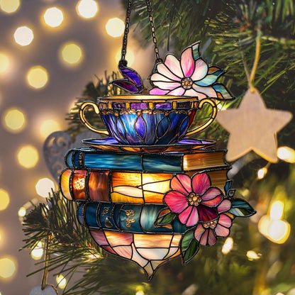 Floral Coffee Cup and Books Acrylic Suncatcher Stained Glass Effect Window Car Hanging Christmas Ornament Indoor Outdoor Decor Garden Sun Catcher Panel for Book Lover for Women Mom Grandma
