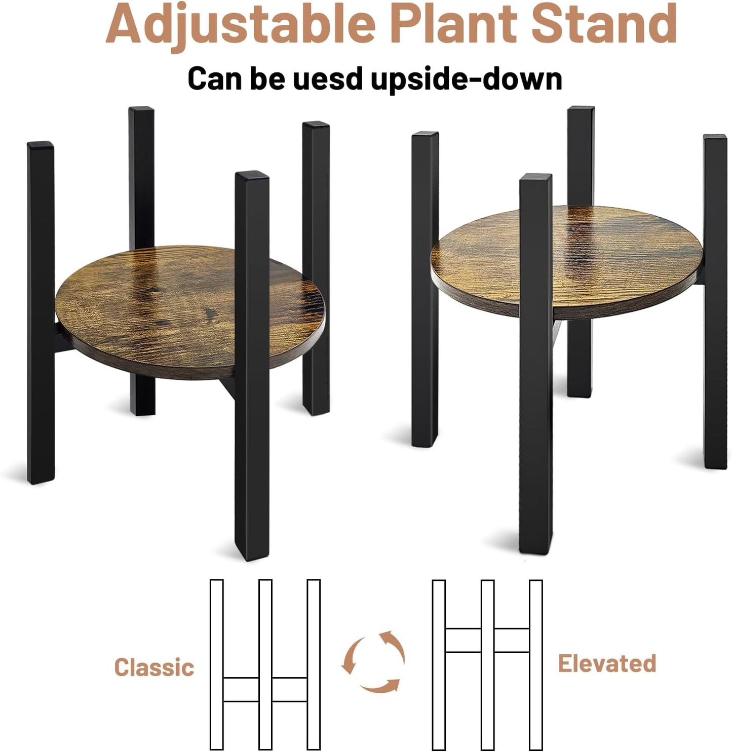 Adjustable Plant Stand, Mid Century Modern Indoor Plants Stands - Fits 8 to 13 Inches Pots - Stable Wood Single Small Plant Stool for Living Room