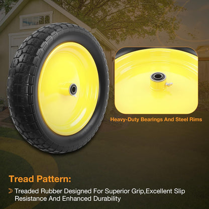 HQPASFY 2 Pack 16" Flat Free Tire 4.80/4.00-8 Wheelbarrow Tire and Wheel, 3" Centered Hub, 5/8" & 3/4" Bearings Replacement for Wheelbarrows, Garden Carts, Dump Carts, Lawn Equipment