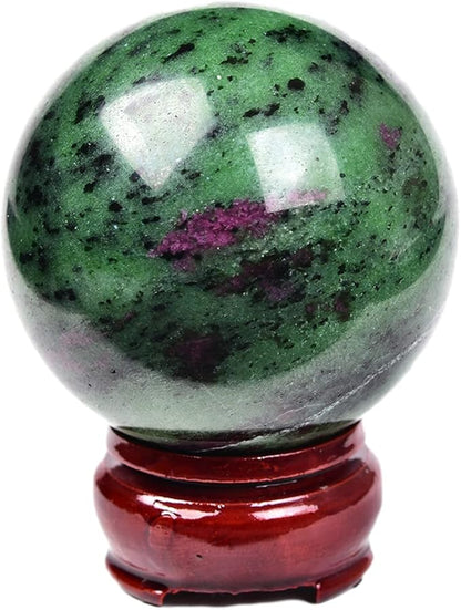 JIC Gem Natural Ruby Zoisite Quartz Crystal Sphere Balls with Wood Stand Red&Green Treasure Gemstone Decorative Orbs Reiki Energy Healing Crystal Ball (60-70mm)