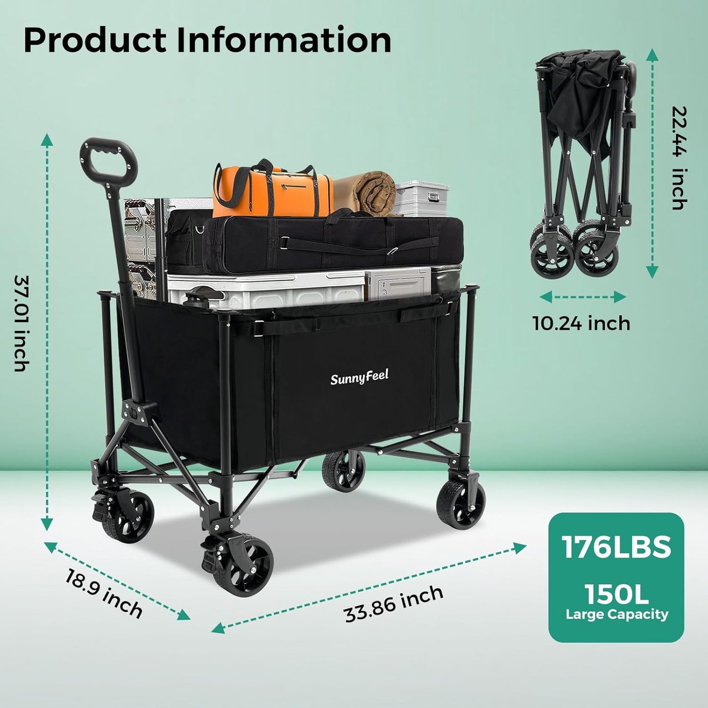 SUNNYFEEL Wagon Cart Foldable, Standard Borderless Version Collapsible Wagon with 220 LBS Max Load, Up to 120L Foldable Grocery Cart with Side Opened for Outdoor, Garden & Camping,Black