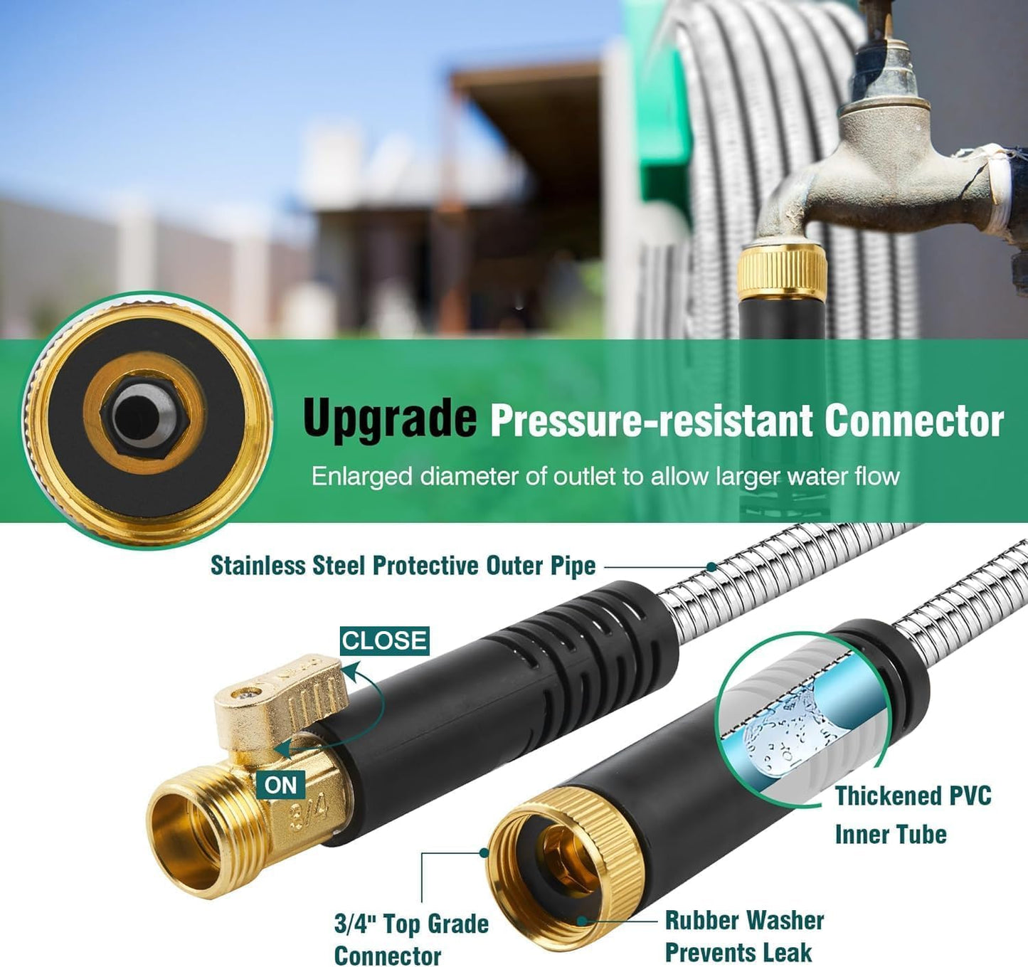100FT Metal Garden Hose 304 Stainless Steel Flexible Water Hose - No Kink & Tangle Heavy Duty Pipe with Nozzle, Durable 3/4 Metal Fittings and Valve - Rust Proof Puncture Proof for Yard Lawn