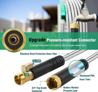 100FT Metal Garden Hose 304 Stainless Steel Flexible Water Hose - No Kink & Tangle Heavy Duty Pipe with Nozzle, Durable 3/4 Metal Fittings and Valve - Rust Proof Puncture Proof for Yard Lawn
