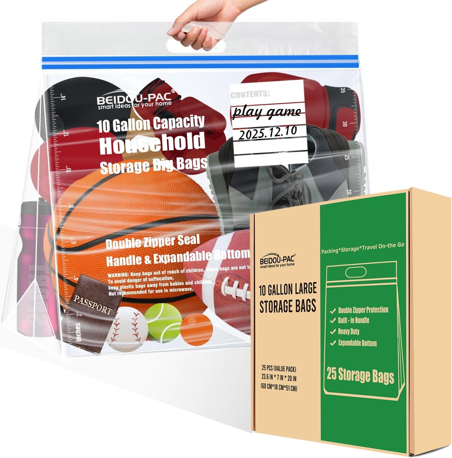 10 Gallon Large Storage Bags with Handle, 25 Counts | Double Zipper Seal | Expandable Bottom, Resealable Clear zip Bags