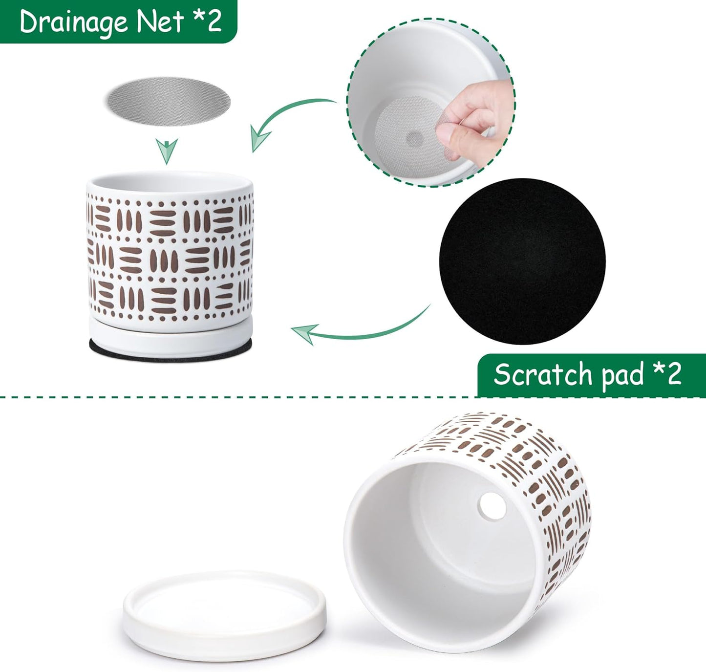 D'vine Dev Set of 2 Ceramic Planter Pots with Drainage Hole and Saucer, 4.5 Inch Plant Pots for Plants Indoor Houseplants, White, 99-Z-F-1-V