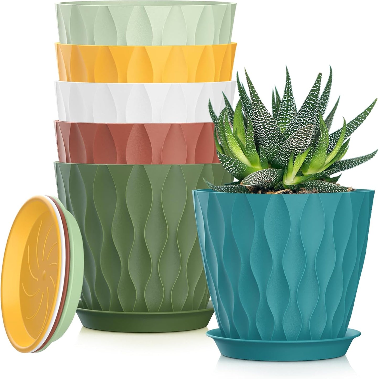 5 Inch Planter Pots, 6 Pack Indoor Planters, Small Flower Pots with Drainage Holes and Tray for Succulents, Orchids, Herbs and Other Indoor Plants (Multicolor, 5inch)