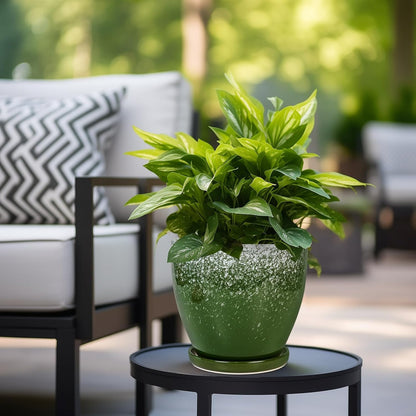 Ceramic Pots for Plants - 8 Inch Planter for Indoor Outdoor Plants, Round Planter, Large Flower Pot with Drainage and Saucer, Home Room Garden Office Decor, Birthday Gifts, Green