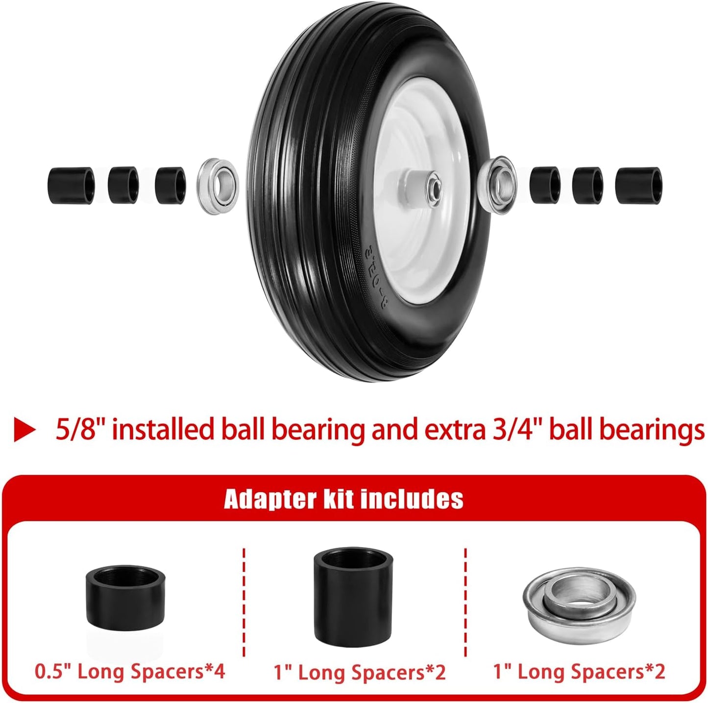(2-Pack) Fits 4.80/4.00-8, 3.50/2.50-8, 4.00-6, 4.00-8 Wheelbarrow Wheels,14.5" Wheelbarrow Flat Free Tire, with 3/4" & 5/8" Bearing,3" Hub for Garden Cart Trolley Wagon Lawn Mower