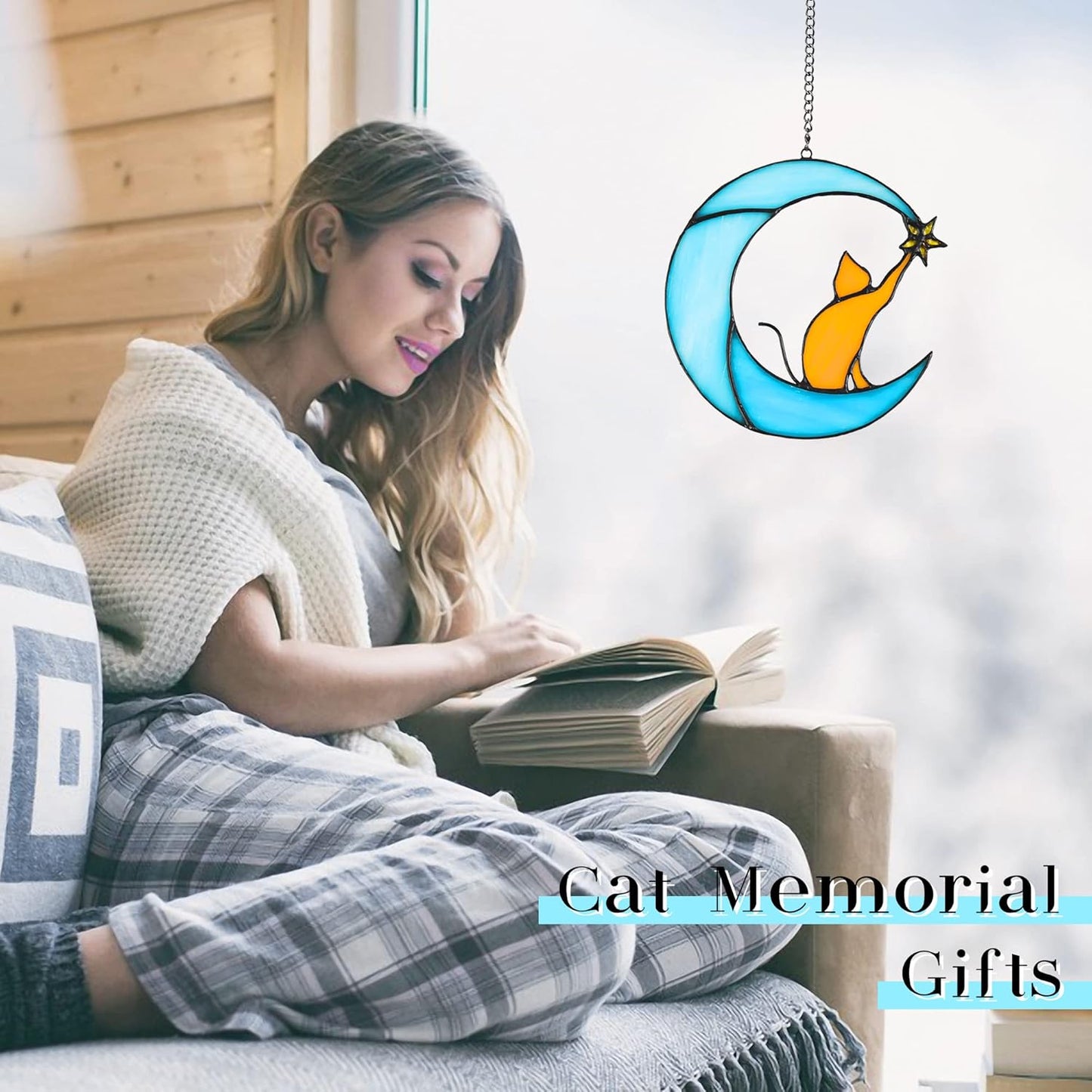 Stained Glass Cat on Moon Pick Star Window Hanging Suncatchers Memorial Gift Decor for Women (Orange Cat on Blue Moon)