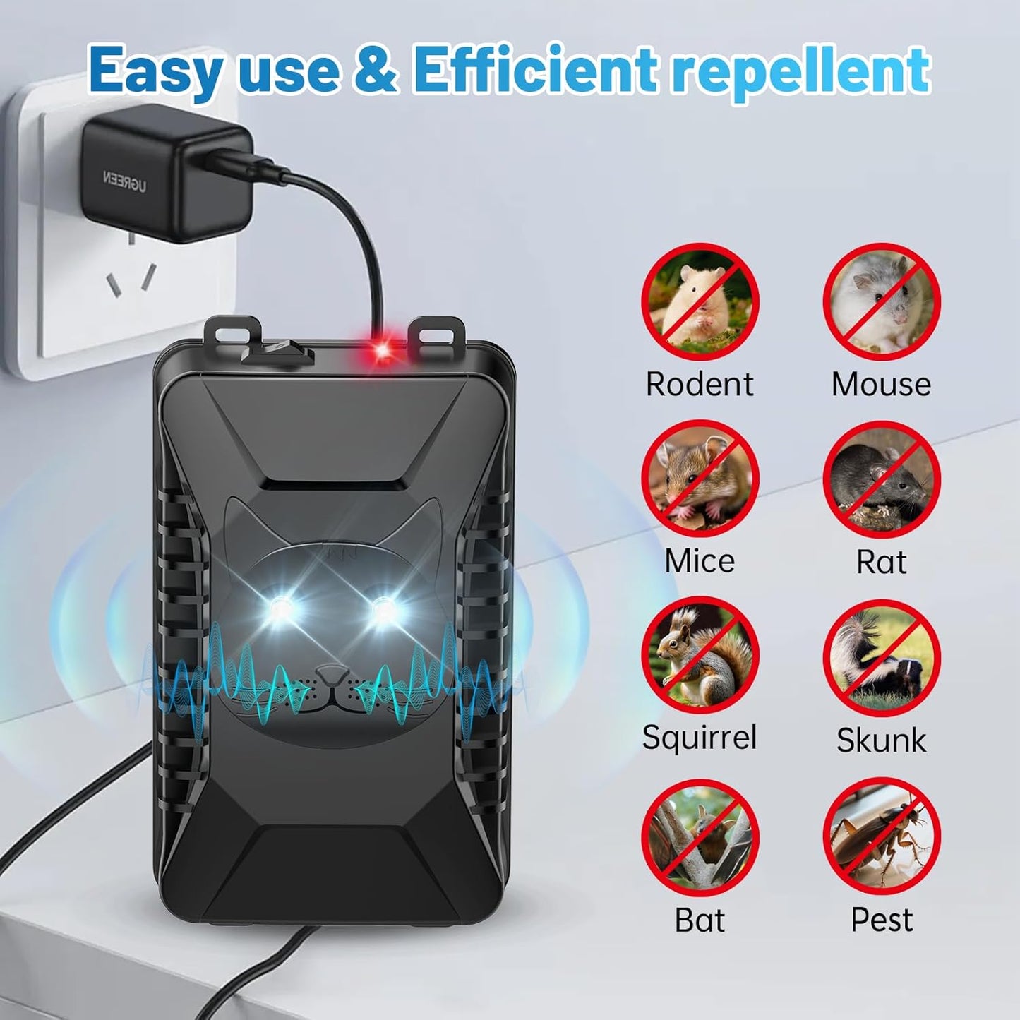 Ultrasonic Rodent Repellent, 2 Pack Plug-in Mouse Rat Pest Bat Squirrels Skunks Repellent for Car with Battery Powered Under Hood, Keep Mice Out of Cars Engines, Indoor, Outdoor, Garage, Room