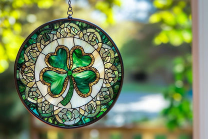 Shamrock Four Leaf Acrylic Suncatcher Stained Glass Effect Window Car Hanging Christmas Ornament Indoor Outdoor Decor Garden Sun Catcher Panel for St. Patrick Day for Women Mom Grandma