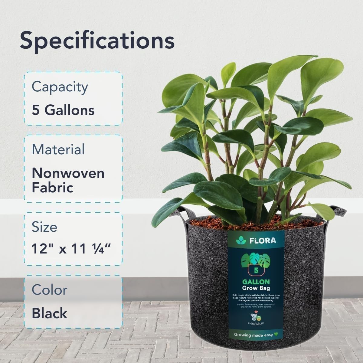 Flora 5-Gallon Thickened 300G Nonwoven Fabric Grow Bags for Plants, Heavy-Duty Pots with Handles 1-Pack