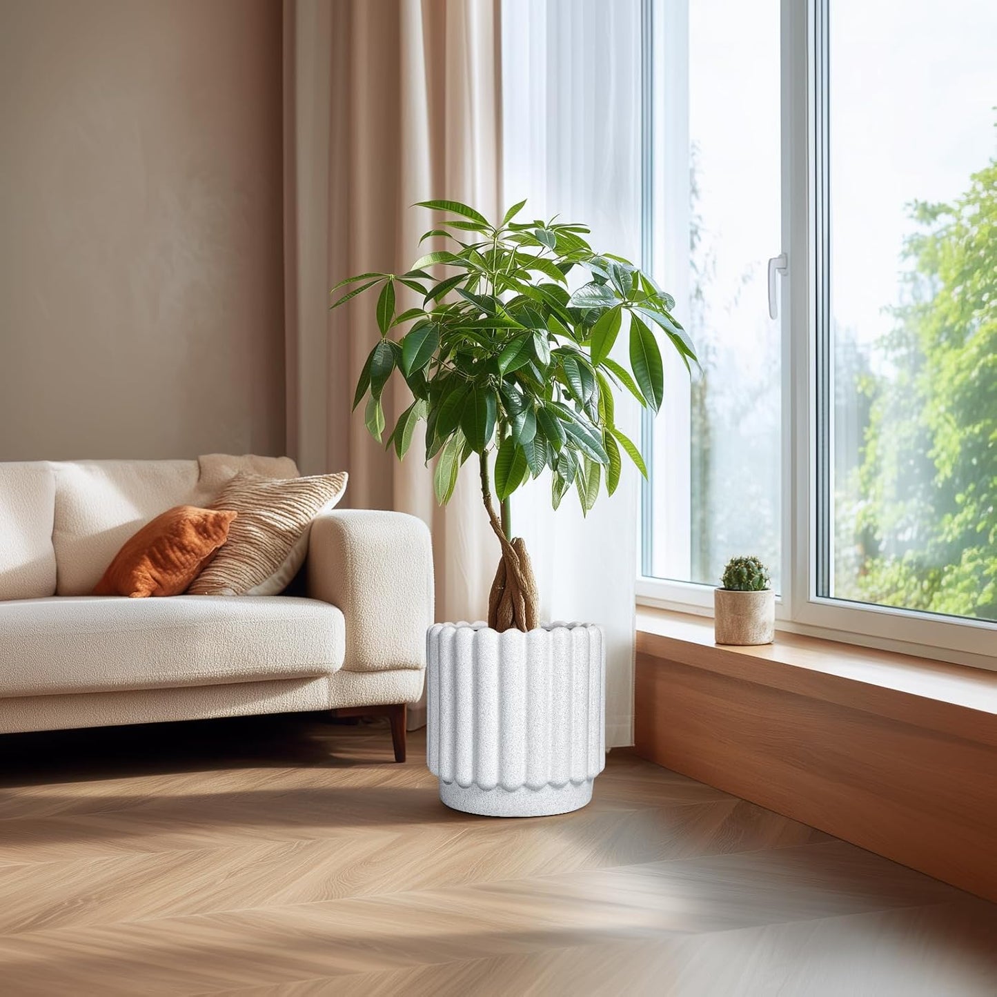 Ceramic Flower Pots - 12 Inch Plant Pot Indoor Outdoor, Fluted Large Ceramic Planters with Drainage Hole, Modern Round Planters, Apartment Decor, Plant Lover Gifts, White