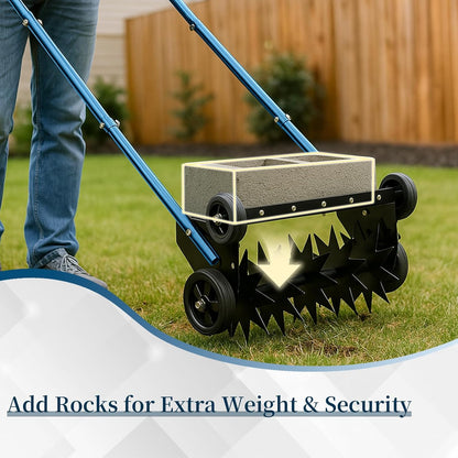 VINGLI Lawn Aerator, 19-Inch Heavy Duty Push Spike Aerator with 4 Wheels, Easy-to-Assemble, 45'' Push Rolling Aerator for Lawm, Yard and Garden(Blue)