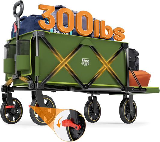 TIMBER RIDGE 49" Extra Long Collapsible Folding Wagon with Tailgate and Brakes, 300lbs Heavy Duty Wagon Carts Foldable, 250L Capacity Portable Cart for Dogs, Garden, Outdoor Camping Sports, Green