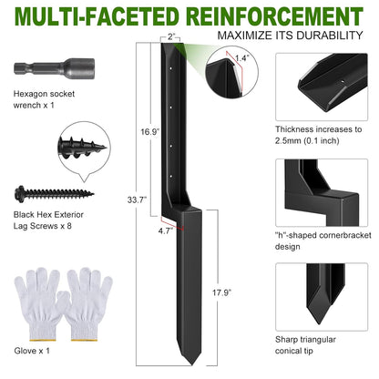 One-Piece Fence Post Repair Kit，Heavy Duty Steel Fence Post Anchor Ground Spike ，Quick Fix Broken/Leaning Wood Posts with，and Fixed Fence Posts（2-Pack）