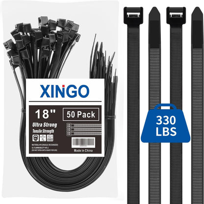 XINGO 18 Inch Black Large Zip Ties Heavy Duty 50 Pack, 330 LBS Ultra Exclusive Strong Plastic Wire Ties, Large Cable Ties Extra Long Ties Wraps For Indoor and Outdoor Use