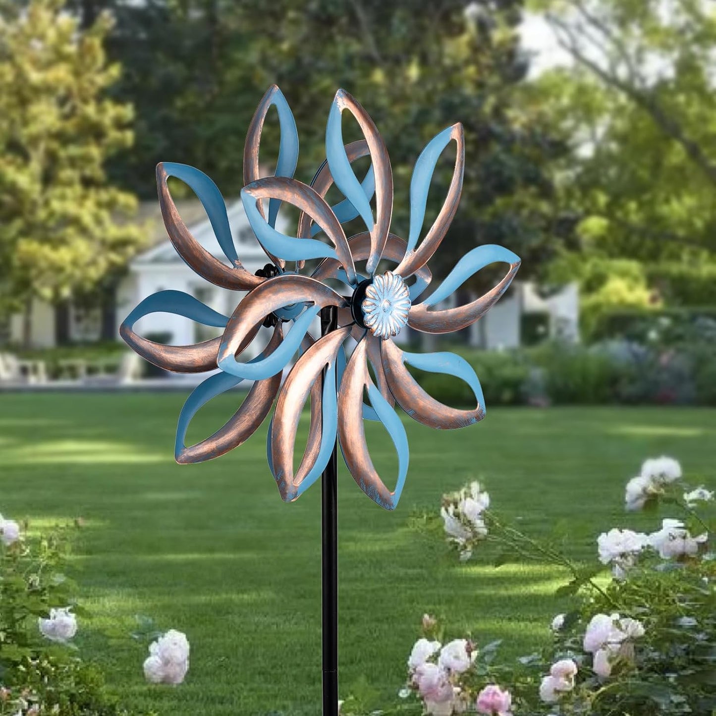 Metal Wind Spinners Outdoor,Vintage Kinetic Wind Spinner Garden Pinwheels with Metal Stake for Patio,Lawn,Garden,Creative Gifts for Women, 57.5 * 13.5 Inch (Blue)