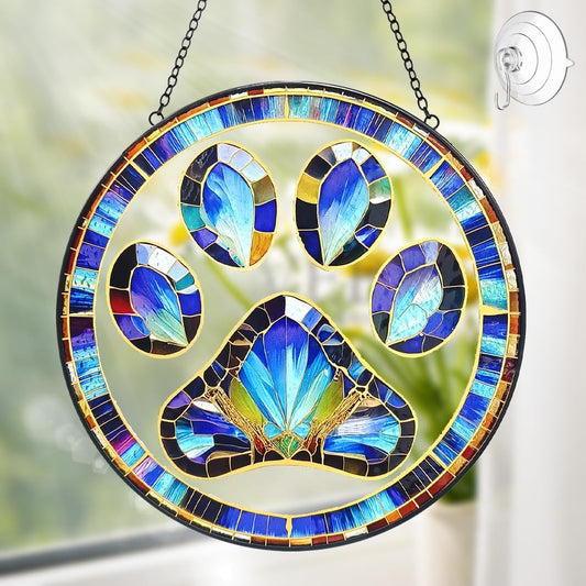 Dog Cat Paw Print Suncatcher Stained Glass Window Hanging - Handmade Stained Glass Panel