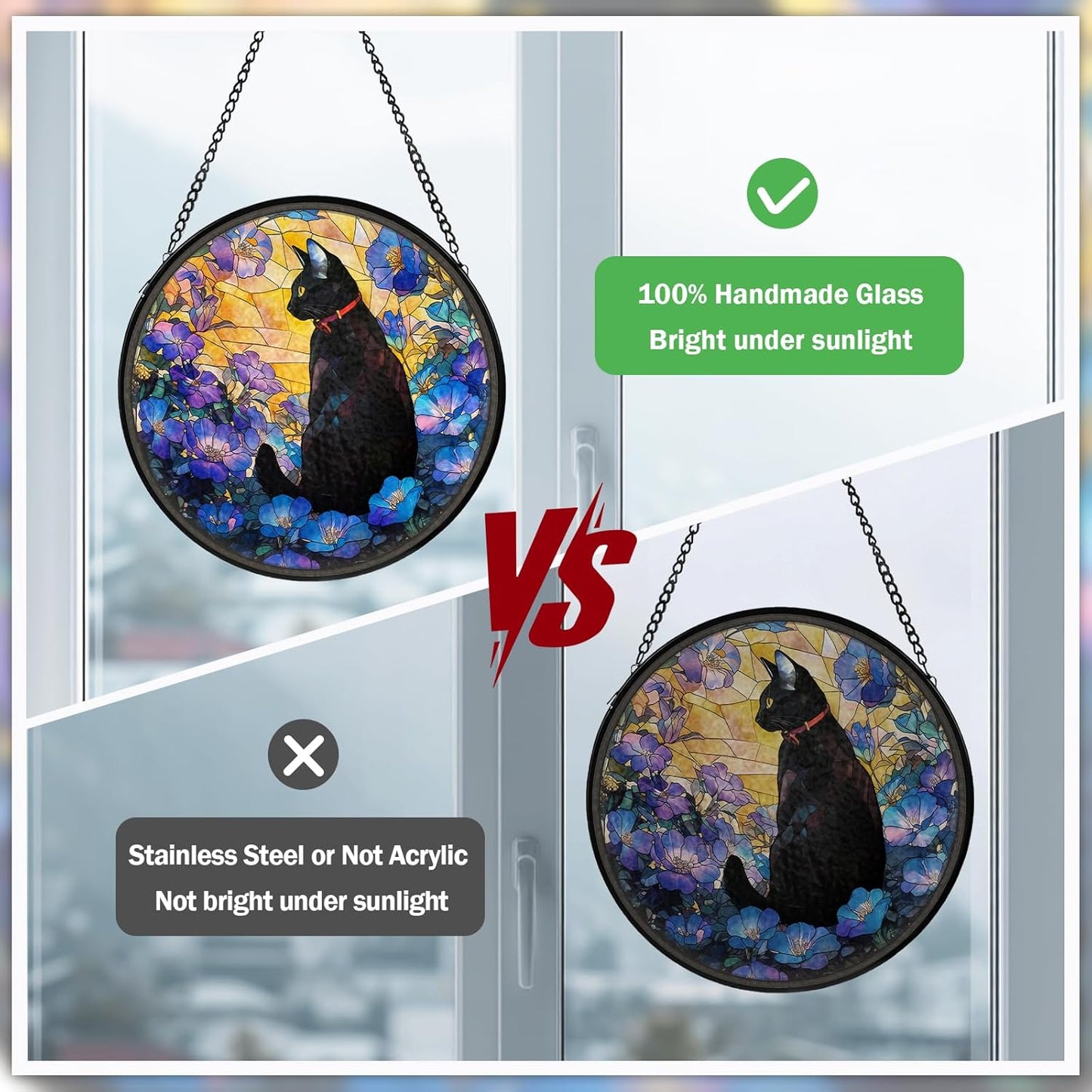 Cat Stained Glass Window Hanging, Flower Suncatcher Diamond Glass Panel Hangings, Sun Catchers Indoor Windows Wall Art, Gifts for Cat Lovers, Christmas Decor for Home Garden Office 7.87 inches