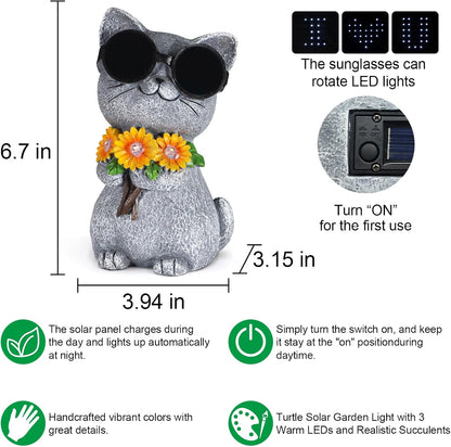 Solar Garden Statues Cat with Daisy and LED Lights Birthday Gifts for Women Mom Grandma Solar Outdoor Decor for Patio Backyard Yard Lawn Decoration-Unique Housewarming Gifts
