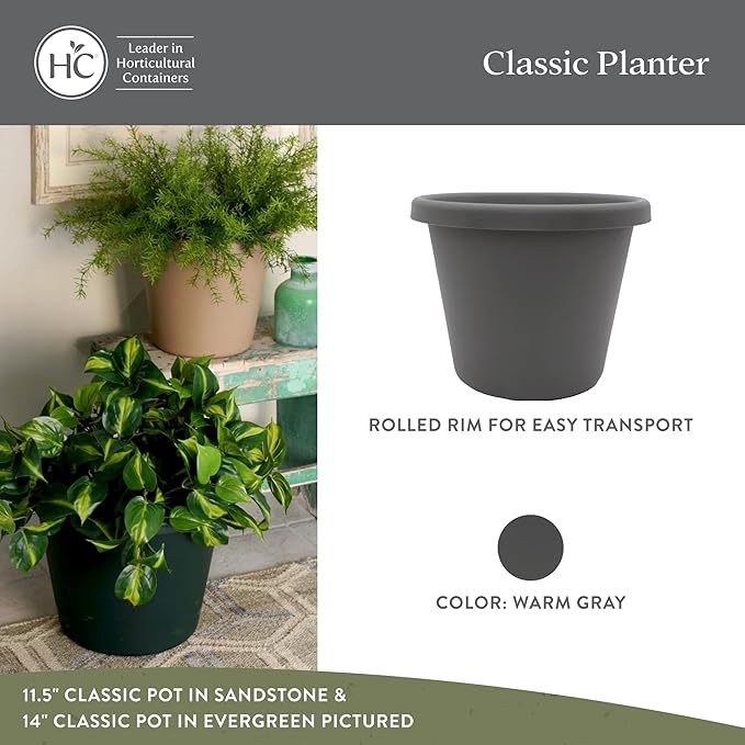 The HC Companies 15.5 inch Round Classic Planter - Plastic Plant Pot for Indoor Outdoor Plants Flowers Herbs, Warm Gray (2 Pack)