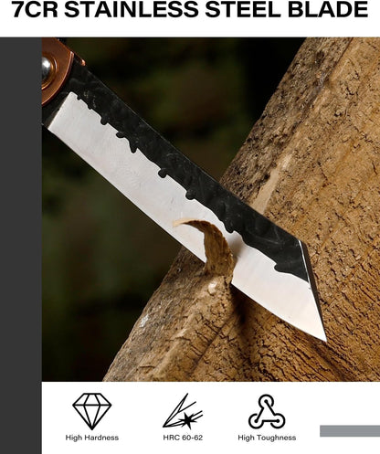 Dispatch EDC Pocket Knife, 2.8" Full Panel Plain Edge Blade Folding Knife with 7Cr13Mov Black Stonewashed Forged Blade & Red Bronze Electroplated Handle, Includes Black PU Sheath