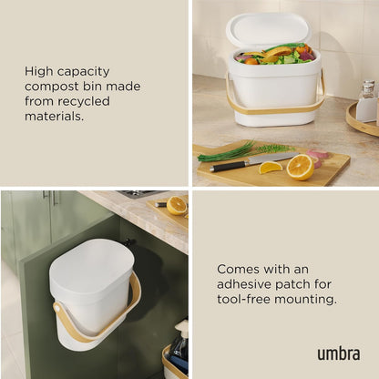 Umbra Bellwood Kitchen Compost Bin – White/Natural, Countertop or Cabinet Mounted, 6L Compost Container with Hidden Bag Retainer, BPA-Free & Dishwasher Safe| Bellwood Collection