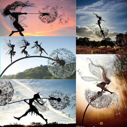 Flower Fairy Dancing with Dandelion Garden Art Sculpture Stainless Steel Statue Christmas Halloween Decoration for Outdoor Yard Courtyard Lawn Patio Metal Ornaments (Three Persons)