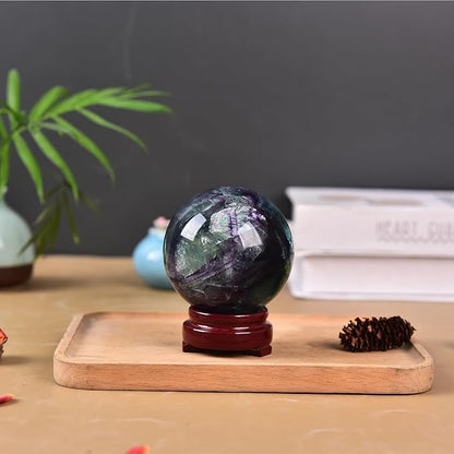 JIC Gem Natural Colorful Fluorite Crystal Sphere Crystal Decorative Ball with Wooden Stand Meditation Balls for Witchcraft Reiki Gift 60-70mm