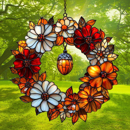 Autumn Floral Wreath Acrylic Suncatcher Stained Glass Effect Window Car Hanging Christmas Ornament Indoor Outdoor Decor Garden Sun Catcher Panel for Acrylic Suncatcher Lover for Women Mom Grandma
