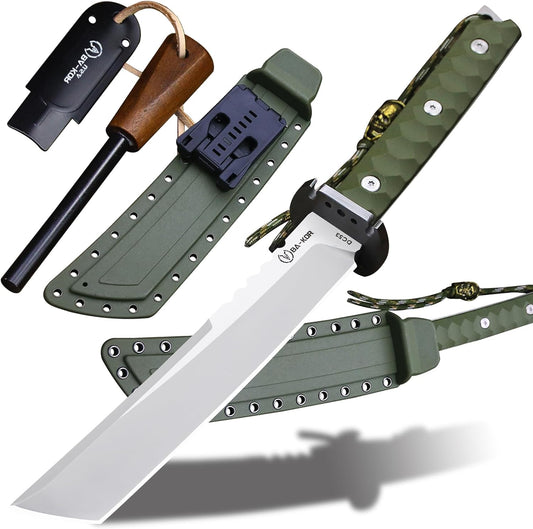 BA-KOR 15.8in Full Tang Japanese Style Outdoor Knife –8mm DC53 Steel, Nylon Fiber Handle &Sheath, Hunting Survival Knife+(5.9in) cerium igniter (Green-handled white blade (8mm))