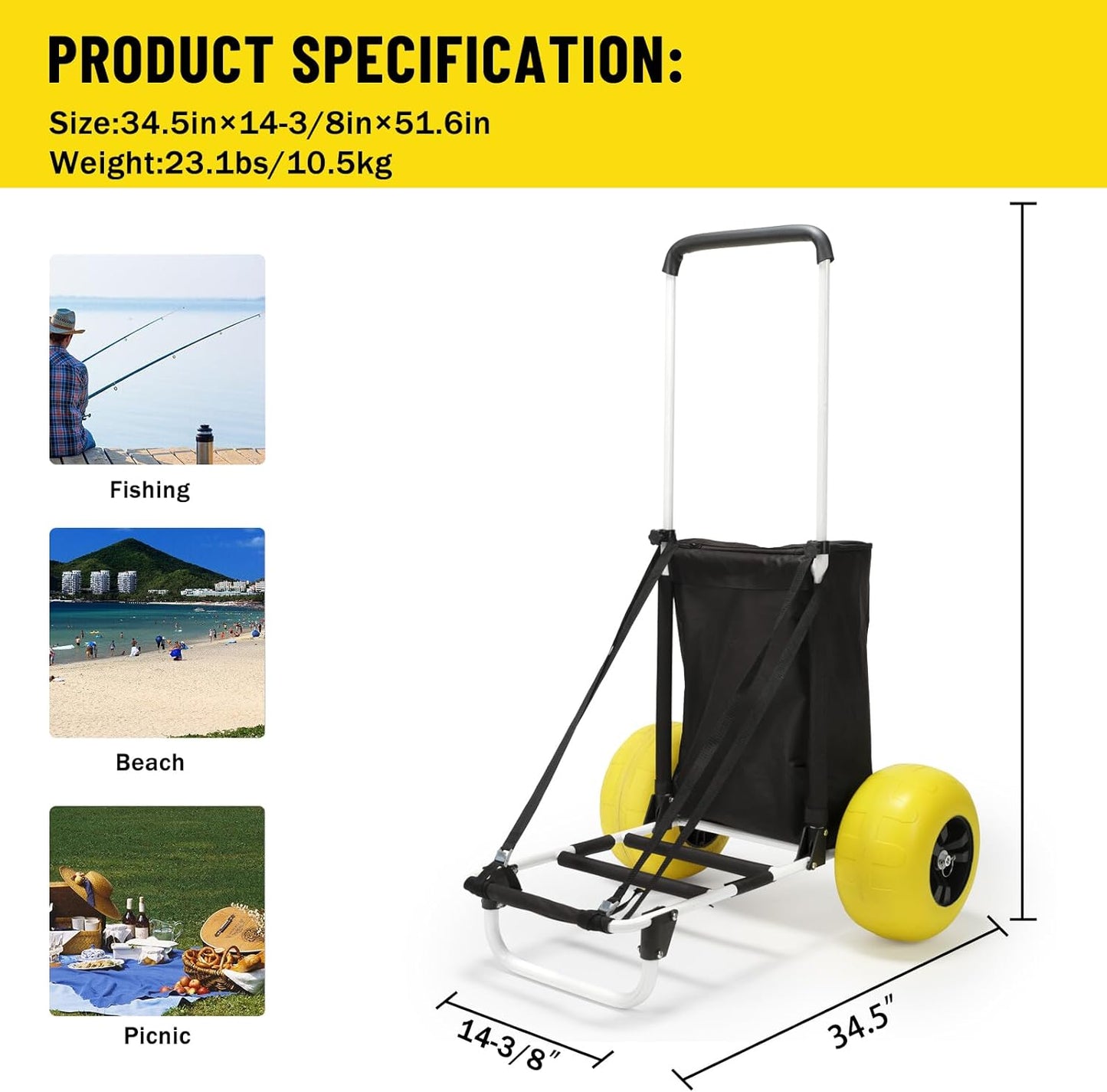 Beach Fishing Cart, 13” Big Balloon Wheels w/Flat-Free Solid PU Tires for Sands, 165LBS Loading Folding Sand Cart & 33.1" to 51.6" Adjustable Height, Beach Buggy Cart w/Storage Bag, No Rust