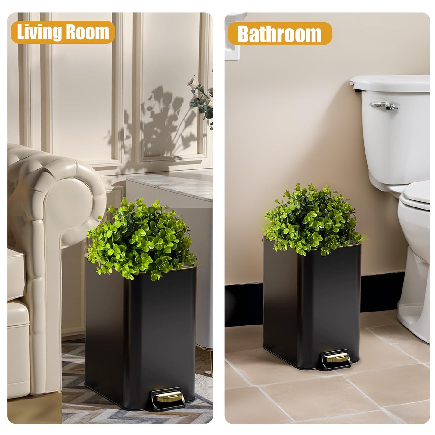 Yatmung Small Metal Trash Can with Lid - Dog Poop Trash Can Outside with Pedal - 10 Liters Pet Waste Container Outdoor - Plant-Styled Poop Bucket - 2.6 Gal Stainless Steel Garbage Bin - Black and Gold