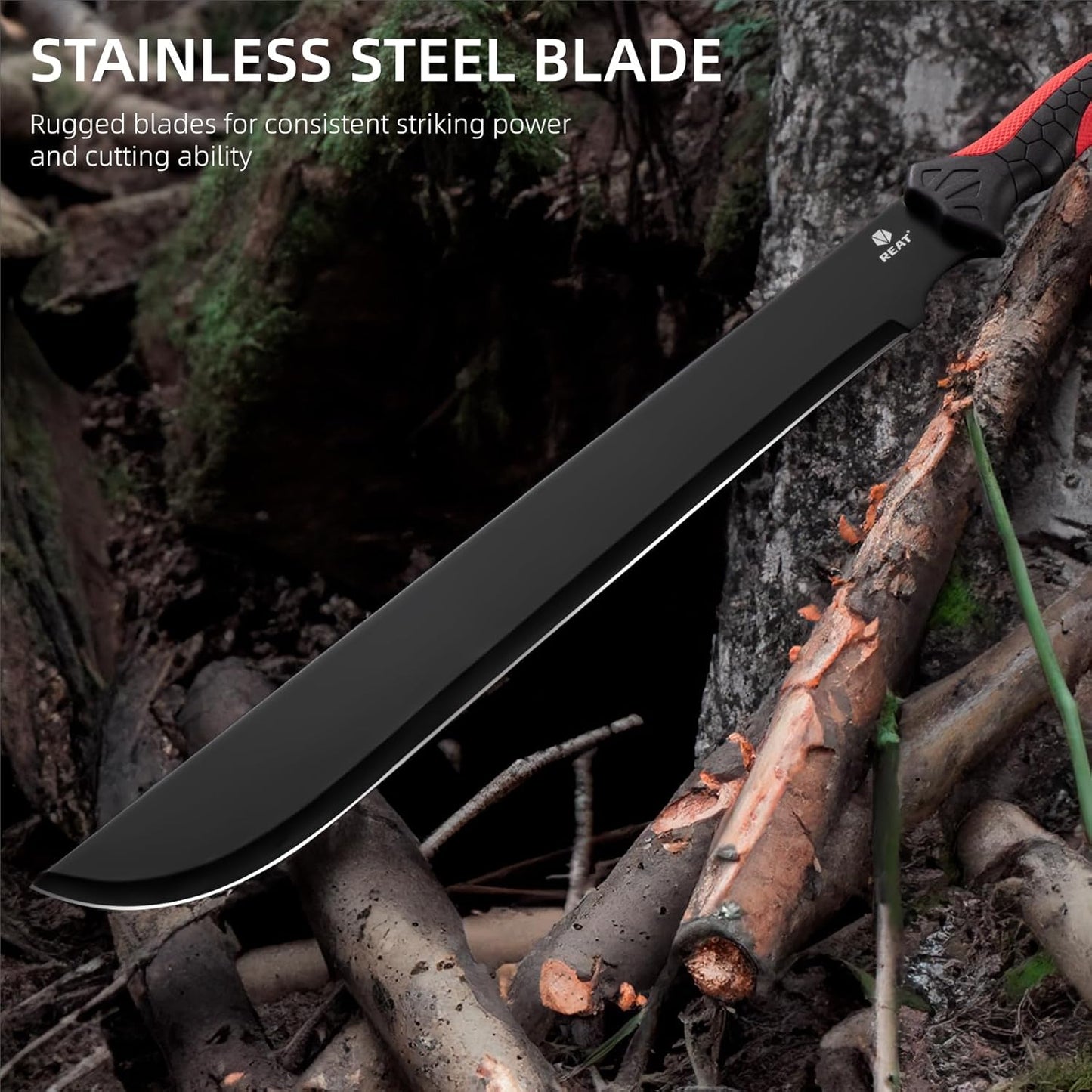 REAT Gardening Heavy Duty Machete,24" Full Tang Machete with Shaeth,Ergonomic No-Slip Handle,Machetes for Bushcraft, Outdoor Hunting, Garden Cutting Trees and Yard Work (Red)