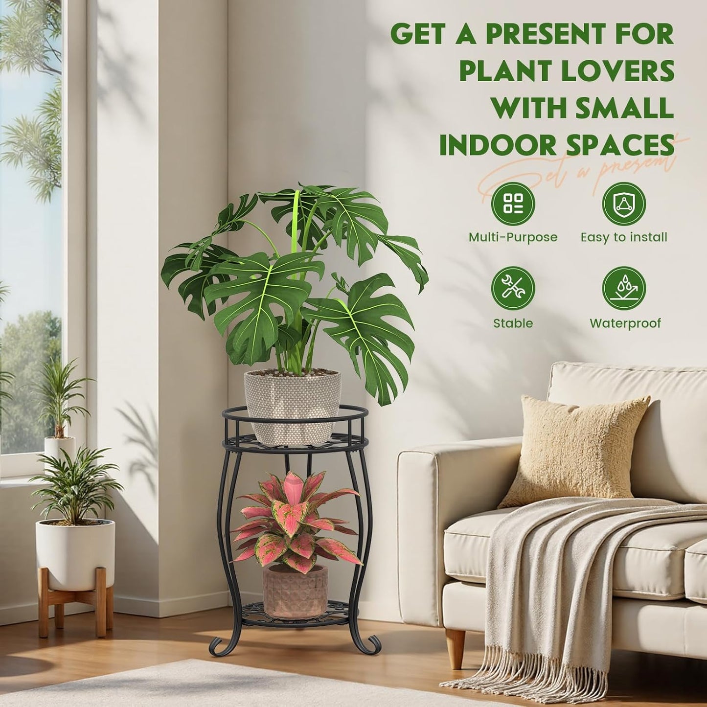 2 Tier Metal Plant Stand Indoor Outdoor , Rustproof Stable Plant Stands Multiple Plant Rack Holder Flower Pot Stand for Living Room Balcony Garden Patio Bedroom (Black, 19.5)