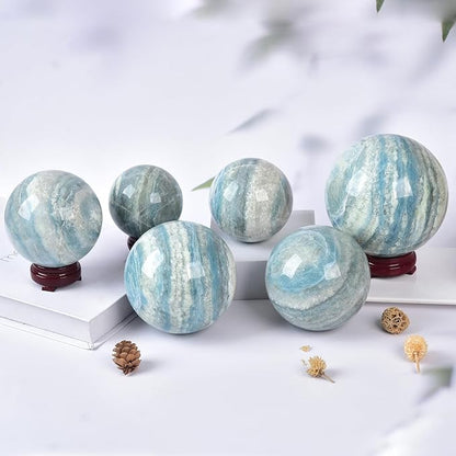 JIC Gem Natural Trolleite Crystal Ball Sphere Blue Healing Crystal Gemstone Ball with Display Stand Home Decor Meditation Grid Energy Balance (70-80mm)