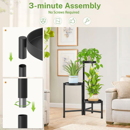 iDavosic.ly Plant Stand Indoor Outdoor, 3 Tier Corner Metal Flower Display Holder Shelf, Folding Tall Orchid Rack for Patio Balcony Porch Garden Living Room House, Black