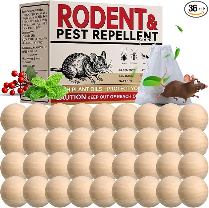Mouse Repellent Balls 36 Pcs, Natural Peppermint Oil Rodent Deterrent for Mice, Rats & Squirrels – Safe Indoor & Outdoor Pest Control for Home, Garage, Garden, and Car