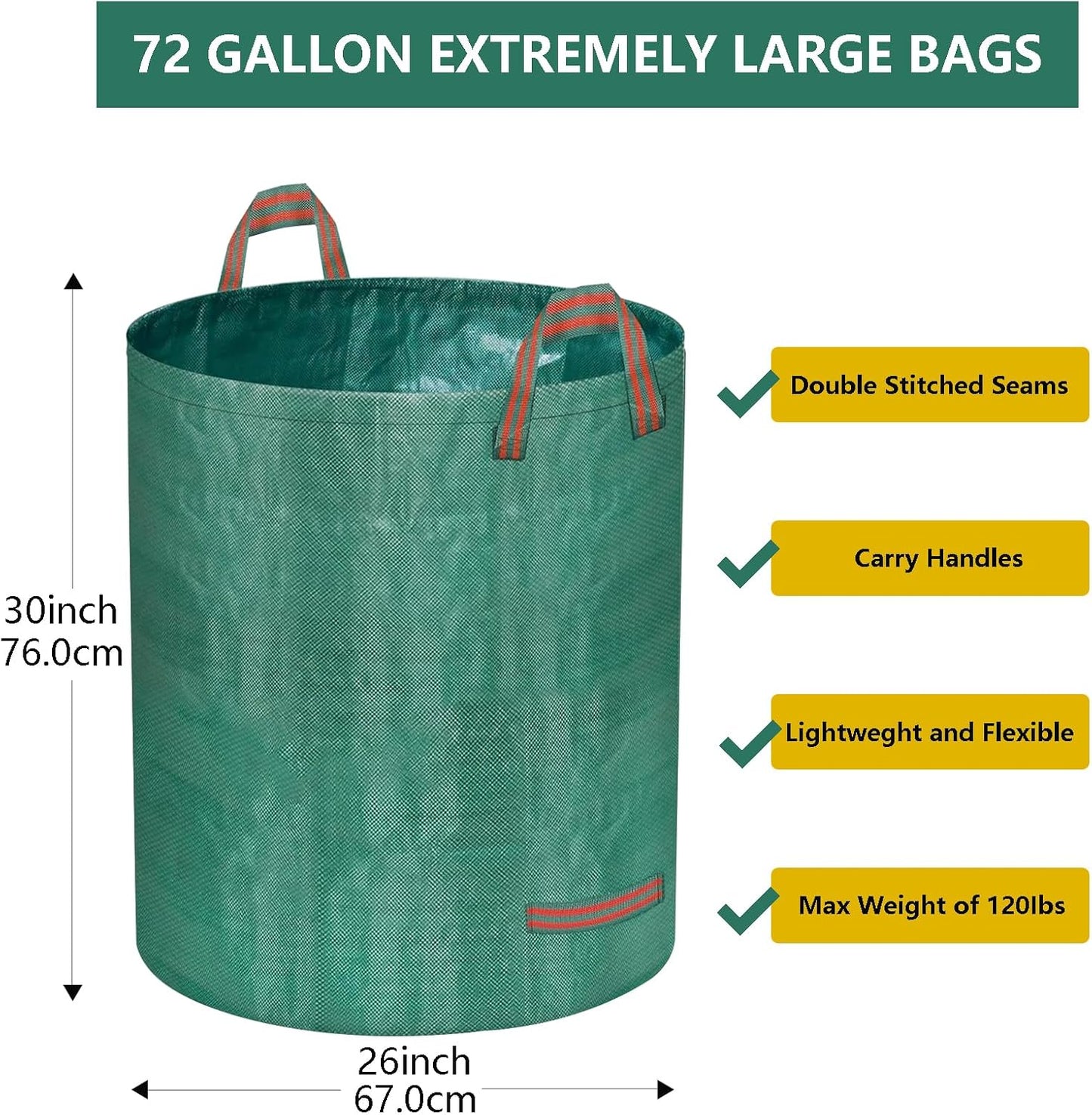 Reusable Yard Waste Bags, 72 Gallon Lawn and Leaf Bags 2 Pack with Reinforced Handles and Gardening Gloves, Heavy Duty Standable Garden Waste Bags for Leaves, Grass, Camping, Recycling