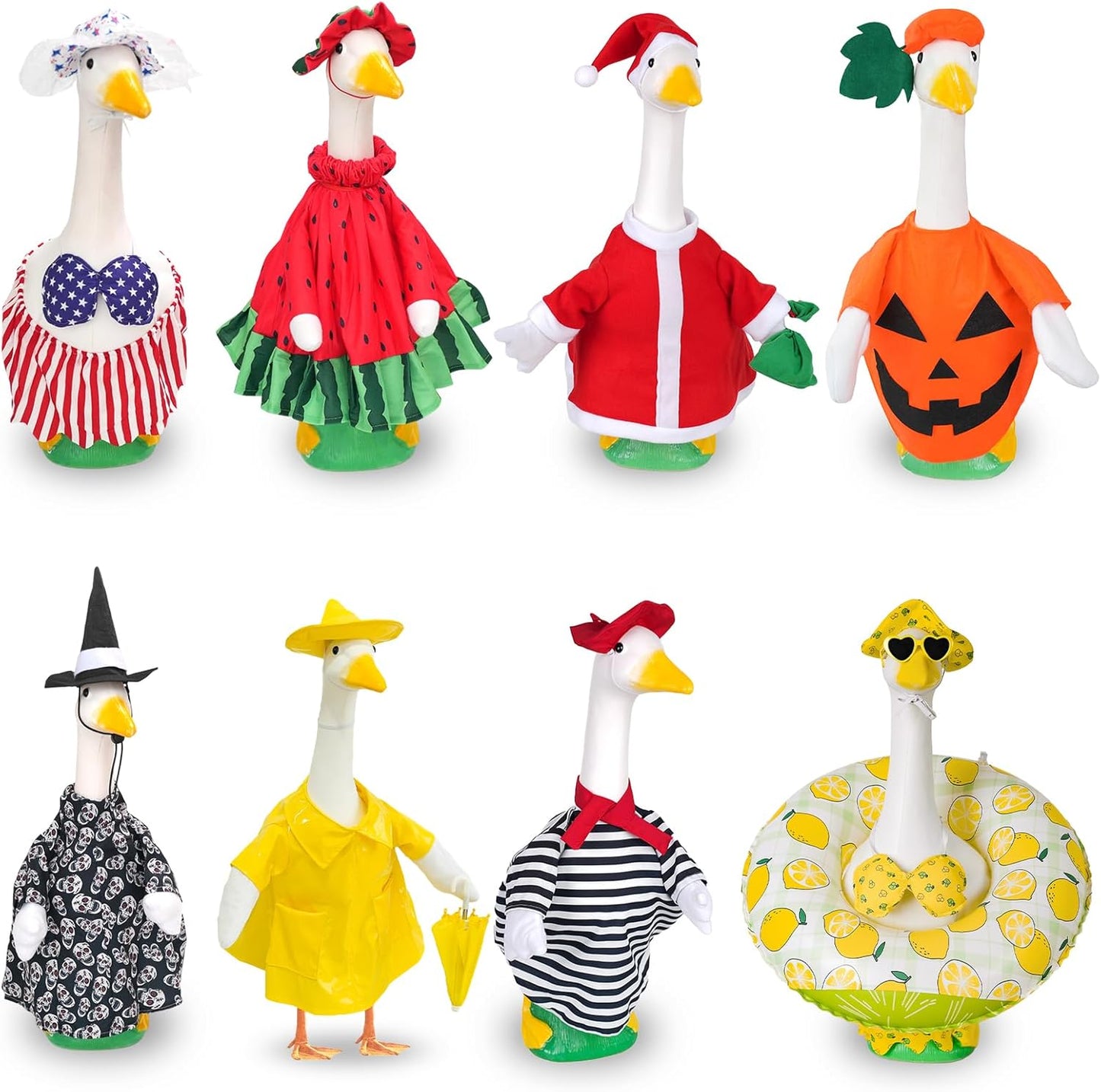 8 Sets Seasonal Holiday Porch Goose Outfits Summer Outfits Fall Halloween Christmas Birthday All Seasons Garden Goose Clothes for 23" Cement Statue Lawn Patio Outdoor Decoration(Classic Style)