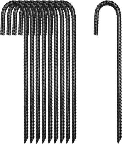 12 Inch Rebar Stakes Heavy Duty, 10 Pack Garden Stake J-Hook, Electrostatic Rust Proof Metal Stakes for Tent, Landscape,Outdoor Decorations, Fabric Ground Cover, Tube Fixing (Black, J-12in-10pc)