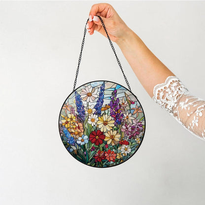 Colorful Wildflowers Suncatcher -7.9 in Stained Glass Window Hanging Sun Catcher Garden Decor
