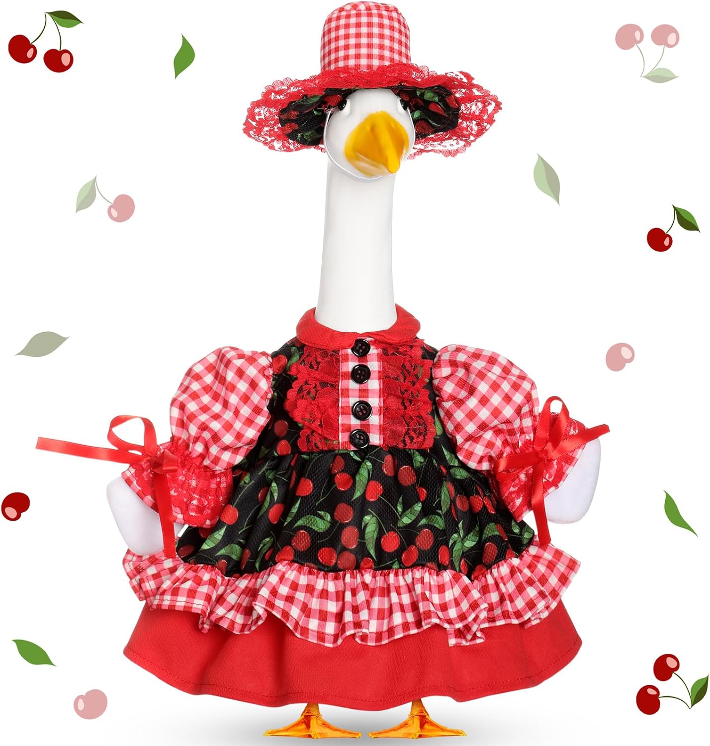 Fall Baby Goose Outfit for 17 Inch Plastic Lawn Porch Goose Statue Clothes Harvest Holiday Cherry Skirt with Hat Geese Outfit for Indoor Outdoor Patio Yard Art Decor