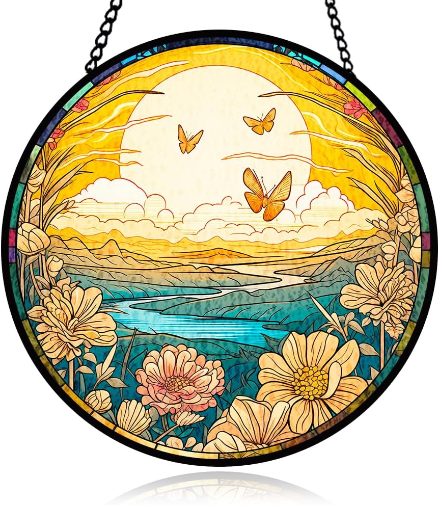 Yellow Butterfly Stained Glass Window Hanging with Floral, Stained Glass Window Decor for Indoor, Butterfly Hanging Glasses Ornament for Wall Decor, Glasses Gifts for Birthday, Xmas, Housewarming