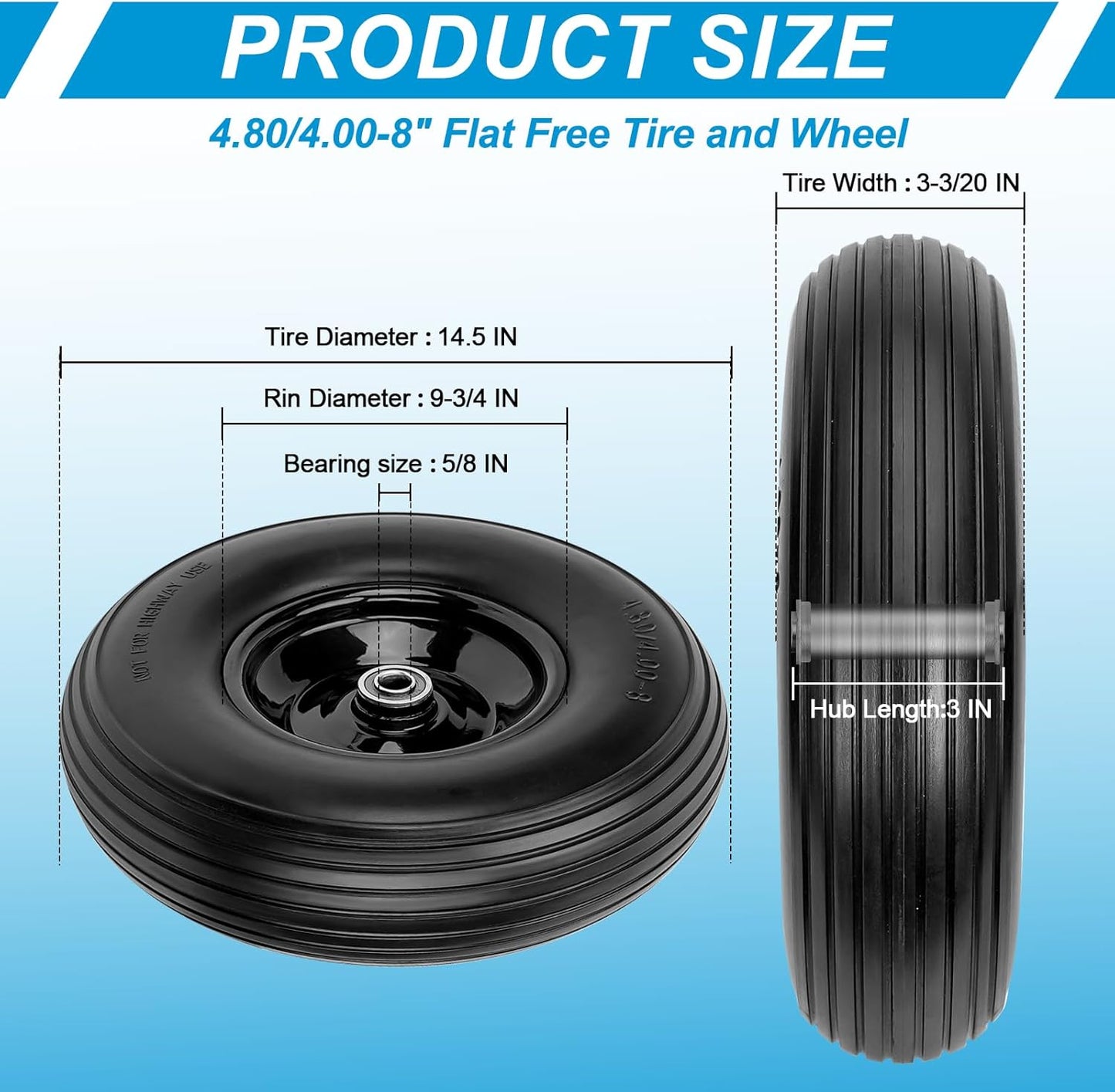 Cenipar 4.80/4.00-8" Flat Free Tire and Wheel 14.5" Solid Flat-Free Replacement Tire with 5/8" or 3/4" Axle Borehole,3-7" Adjustable Centered Hub for Wheelbarrow Hand Truck Garden Trailer and Trolley