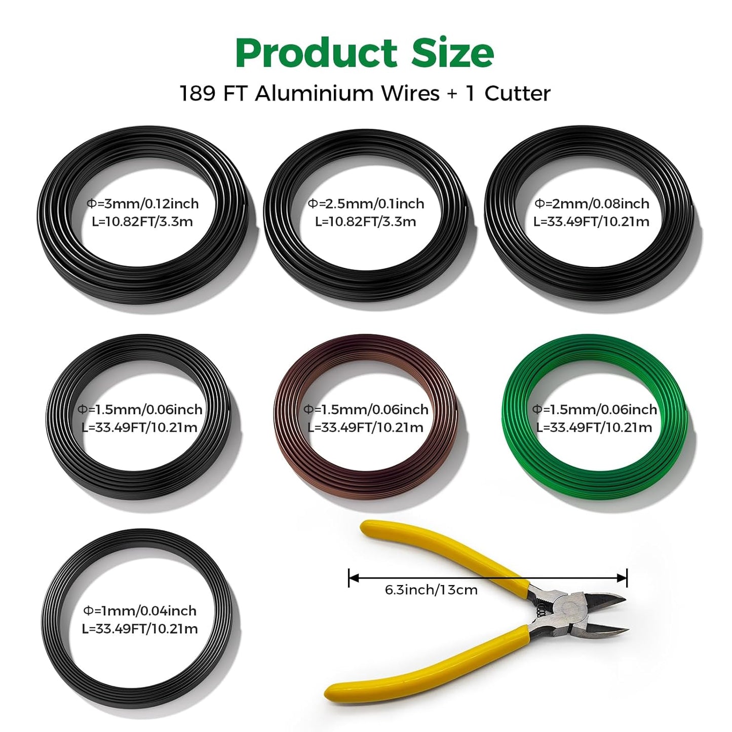 189FT Easy to Bend Bonsai Wire, Aluminum Bonsai Tree Wire in 5 Size -1mm,1.5mm,2mm,2.5mm,3mm with Cutter Set for Training Thin or Thick Branches