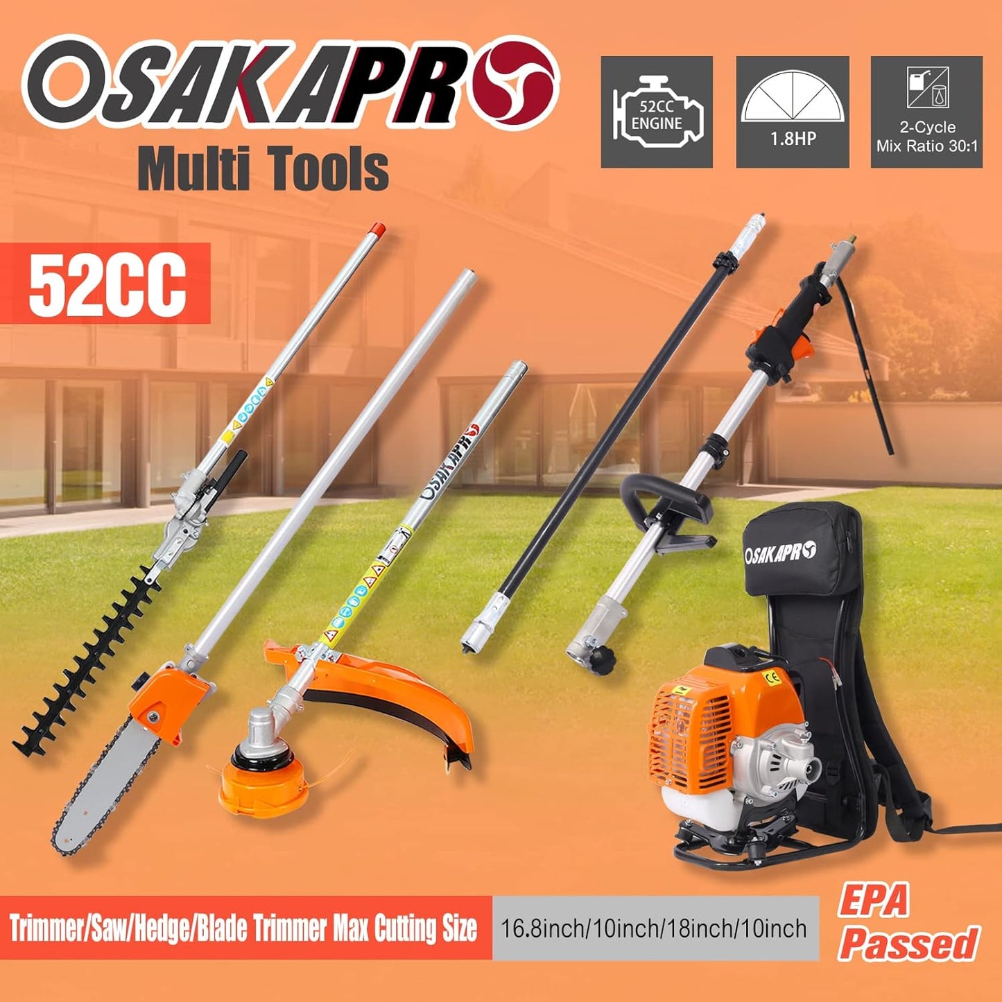 4-in-1 Backpack String Trimmer Weed Eater,52CC 2-Cycle Multi Garden Tools with Gas Pole Saw, Hedge Trimmer, Grass Trimmer and Brush Cutter EPA Compliant, Lawn Mower Weed Wacker Edger for Yard