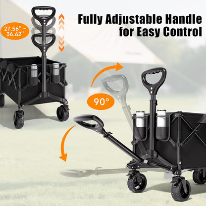 Collapsible Wagon Cart with Universal Wheels, 480LBS Wagons Carts Heavy Duty Collapsible Wagon with Cup Holders, Utility Beach Carts for Camping, Garden, Shopping, Fishing, Sports